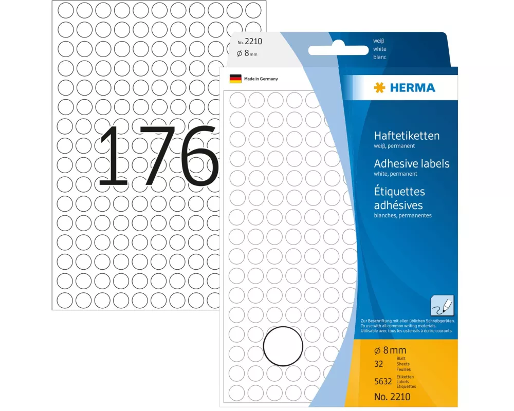 HERMA Vielzweck-Etiketten 2210 Ø 8 mm, Weiss, 32 Blatt
