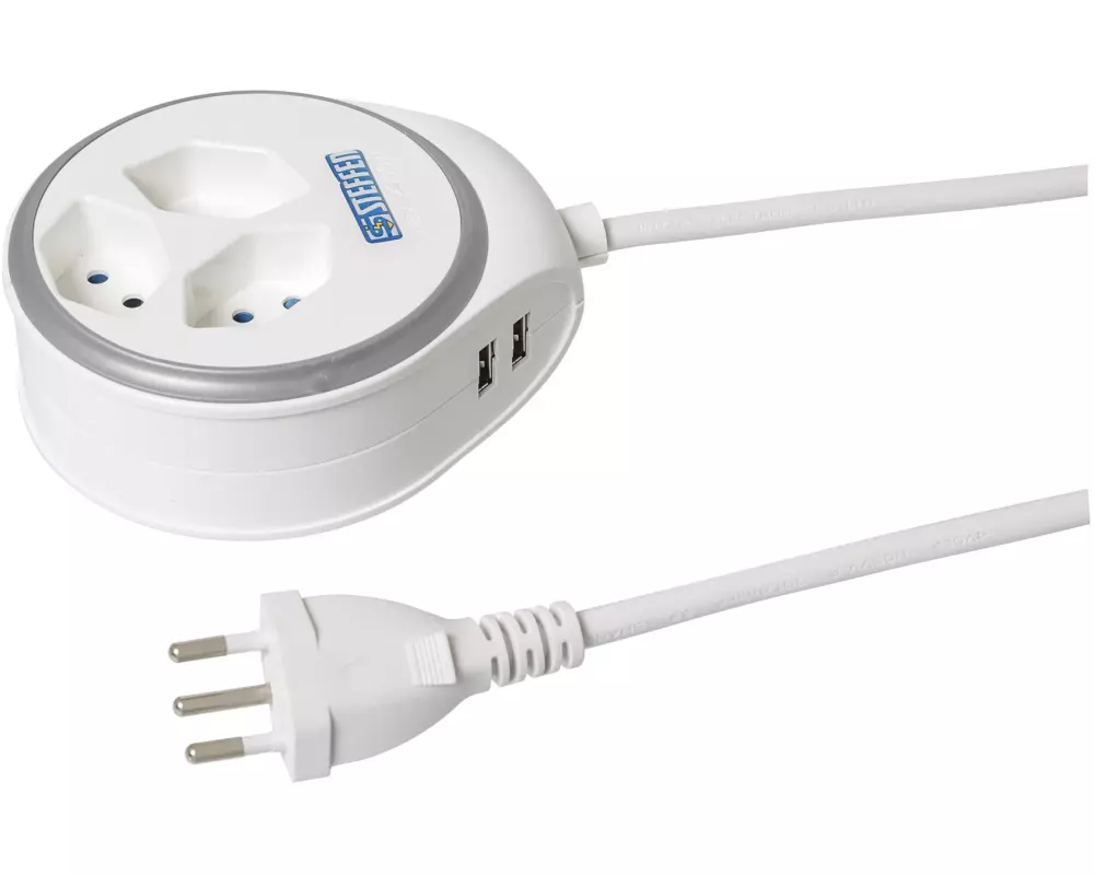 STEFFEN Steckdosenleiste STEBA DISC 3 × T13 USB Weiss / Silber