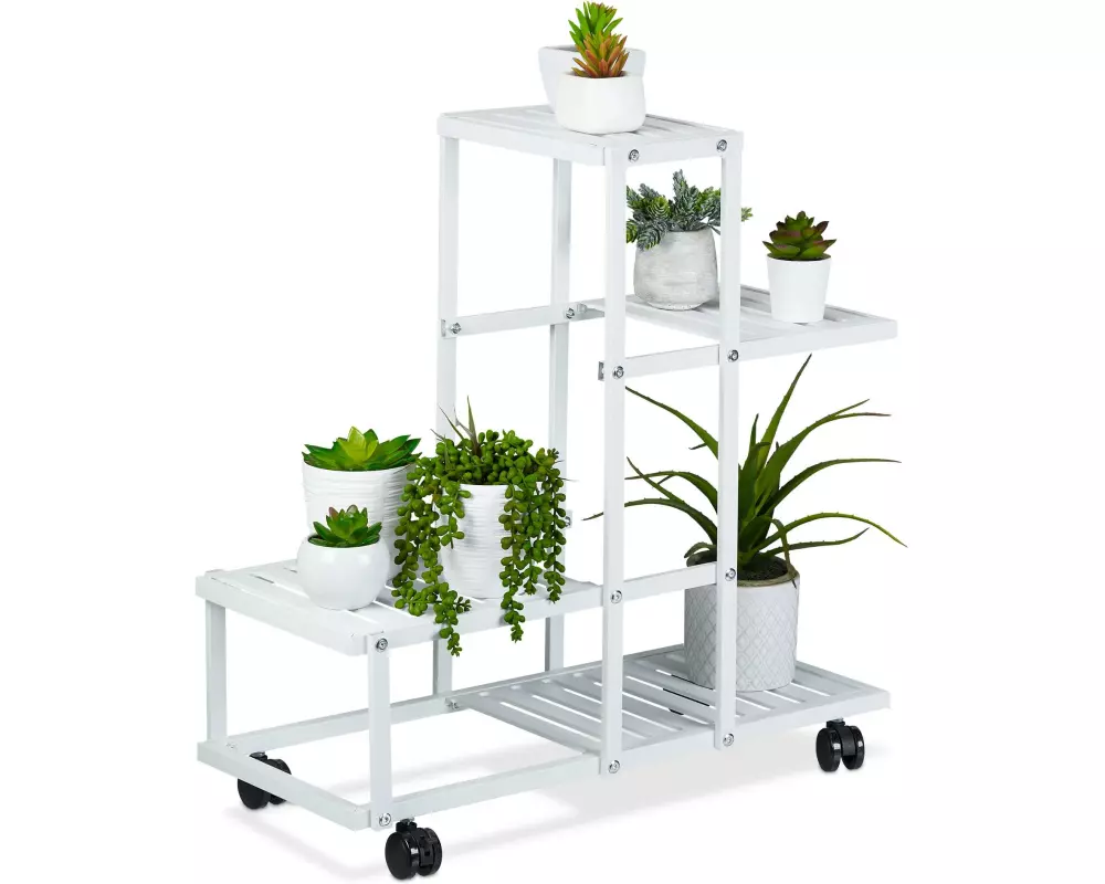 relaxdays Pflanzenständer mit Rollen 60.5 cm, Weiss