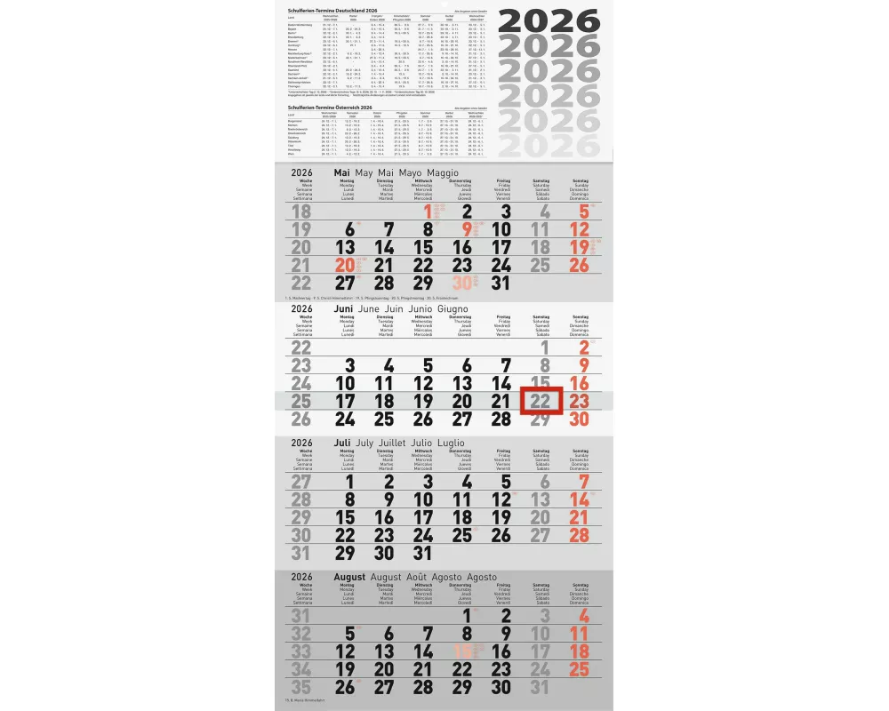 rido/idé 7033420006 | 4-Monatskalender 2026 | grau, 300×630 mm