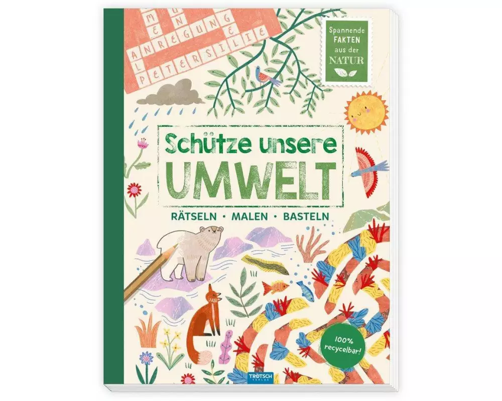TRÖTSCH - Beschäftigungsbuch "Schütze unsere Umwelt-Tiere" | Recyclebares Kinderbuch mit Rätseln, Malvorlagen und Bastelideen. Kinderbuch mit spannend