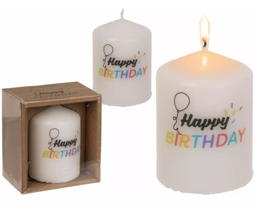G. Wurm Stumpenkerze Happy Birthday 8 x 6 cm, Weiss