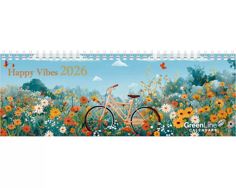 GreenLine - Happy Vibes 2026 – Tischquerkalender 30x11 cm, nachhaltiger Tischkalender mit 52 Wochen, 2-sprachigem Kalendarium & Spiralbindung für Büro