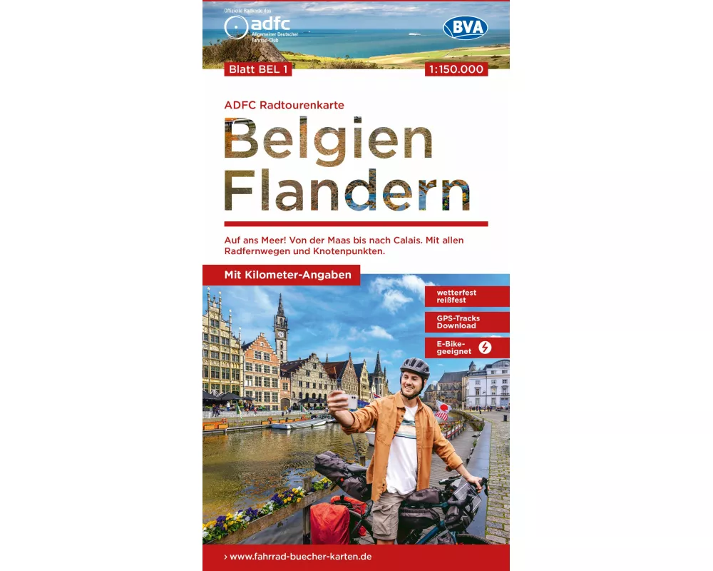 ADFC-Radtourenkarte BEL 1 Belgien Flandern 1:150.000, reiß- und wetterfest, E-Bike geeignet, GPS-Tracks Download, mit Kilometer-Angaben