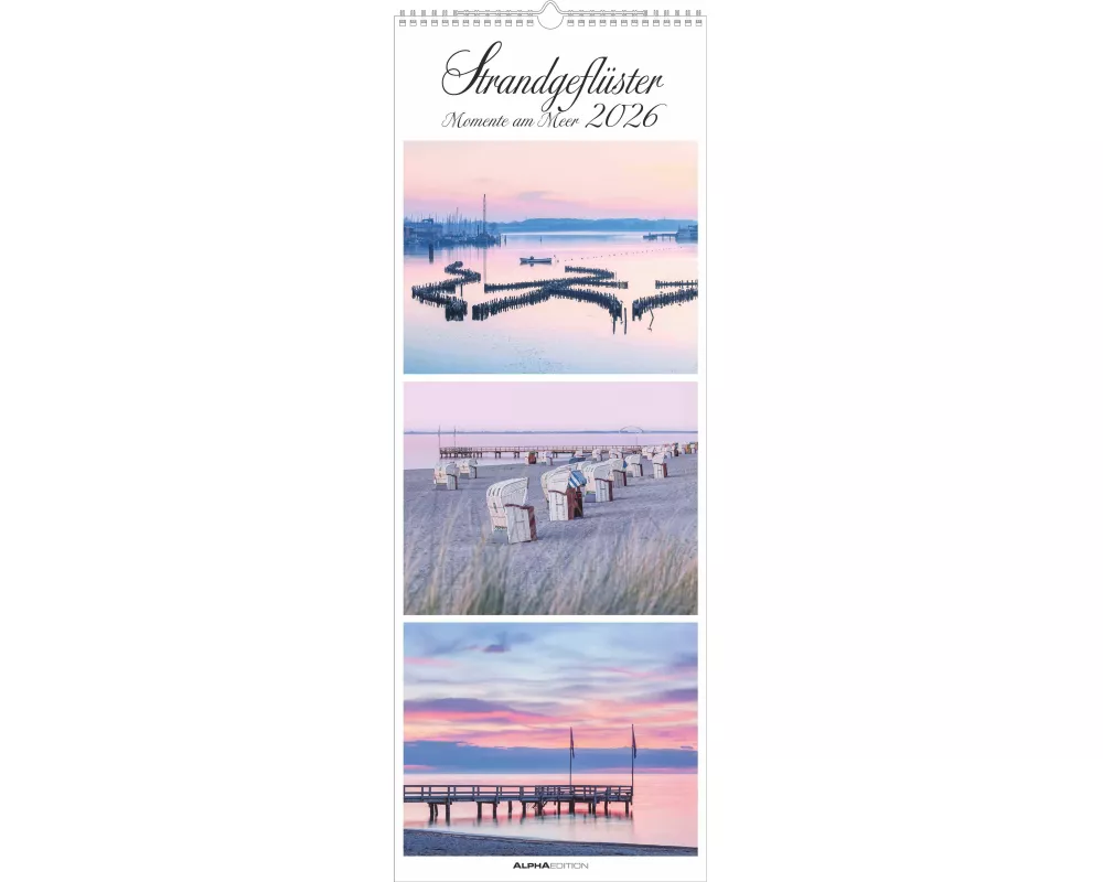 Alpha Edition - Strandgeflüster – Momente am Meer 2026 – XXL-Streifenkalender 25×69 cm, Wandkalender mit 3 maritimen Fotos pro Monat, hochwertiger Bil