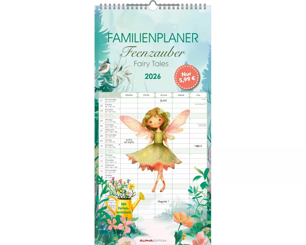 Alpha Edition - Familienplaner Feenzauber 2026 – Familienkalender 22×45 cm mit 5 Spalten & zauberhaften Feenmotiven, praktischer Wandkalender für Fami