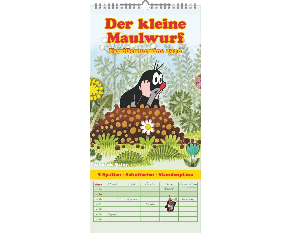 N NEUMANNVERLAGE - Der kleine Maulwurf 2026 Familienplaner, 22x45cm, Familienkalender mit 5 Spalten für Termine und Notizen, schöne Abbildungen, Stund