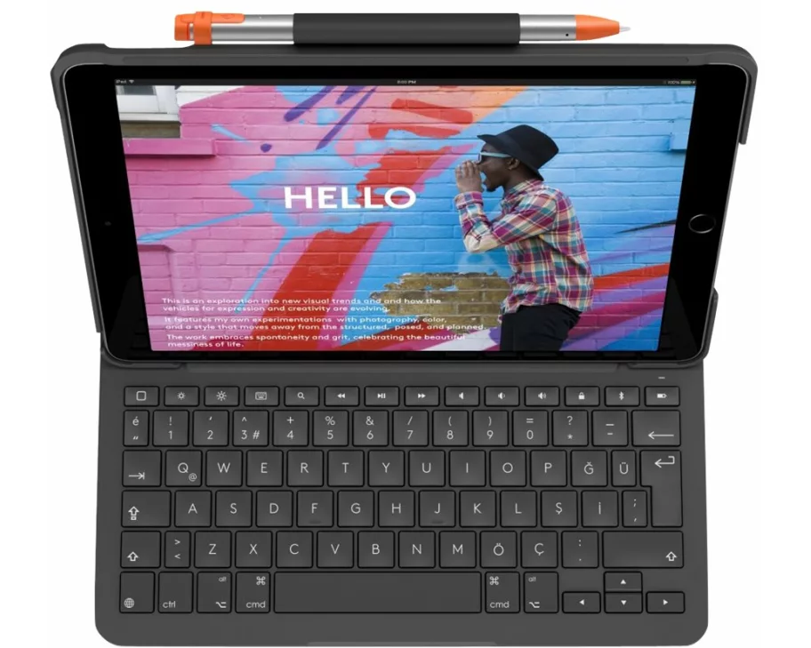 Logitech Slim Folio Keyboard and folio case wireless Bluetooth LE QWERTY Danish/Finnish/Norwegian/Swedish oxford grey (PAN)