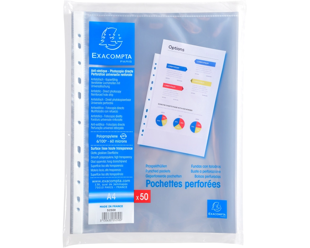 EXACOMPTA Zeigetaschen PP 60my A4 5250E transparent genarbt 50 Stück
