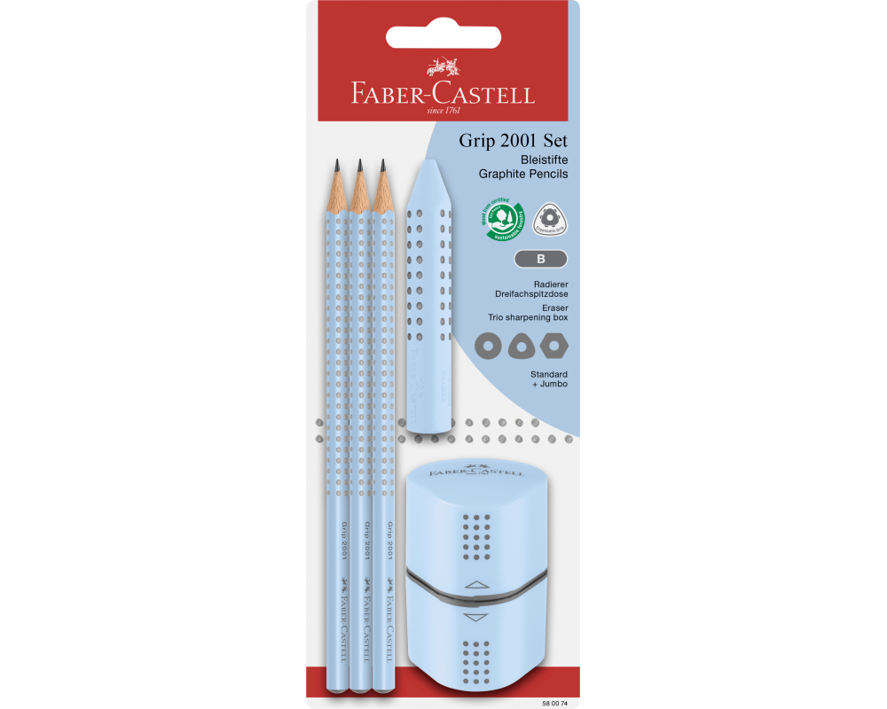 FABER-CASTELL Bleistift, Radierer, Spitzer B 580074 Grip Set 2001, sky blue