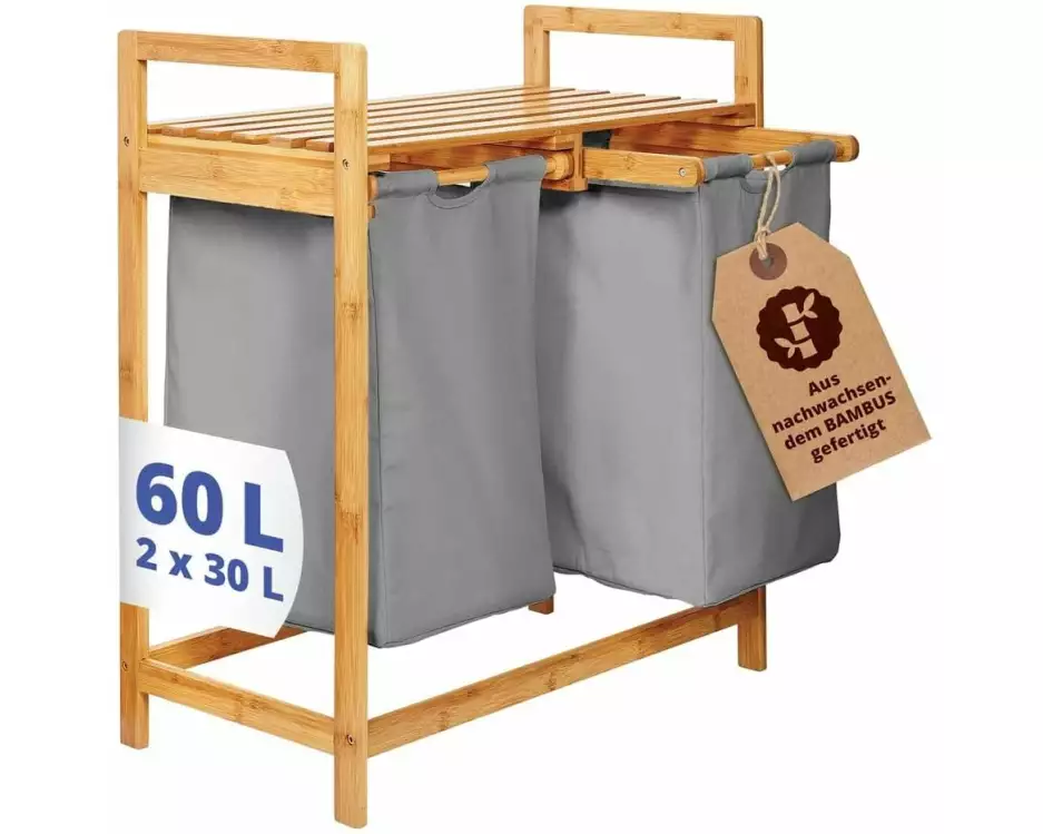 Lumaland Wäschekorb Bambus 60 l, Braun/Dunkelgrau