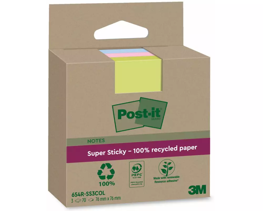 Post-it Notizzettel Super Sticky Recycling, Mehrfarbig, 3 Blöcke