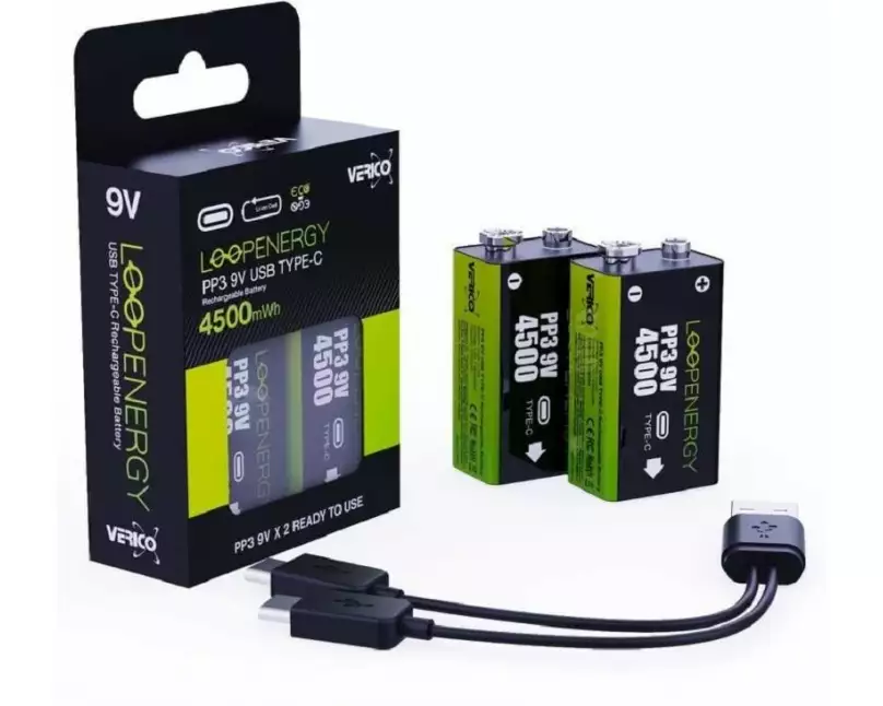 Verico Akku PP3 Li-Ion 9V E-Block mit USB-C 500 mAh, 2 Stück