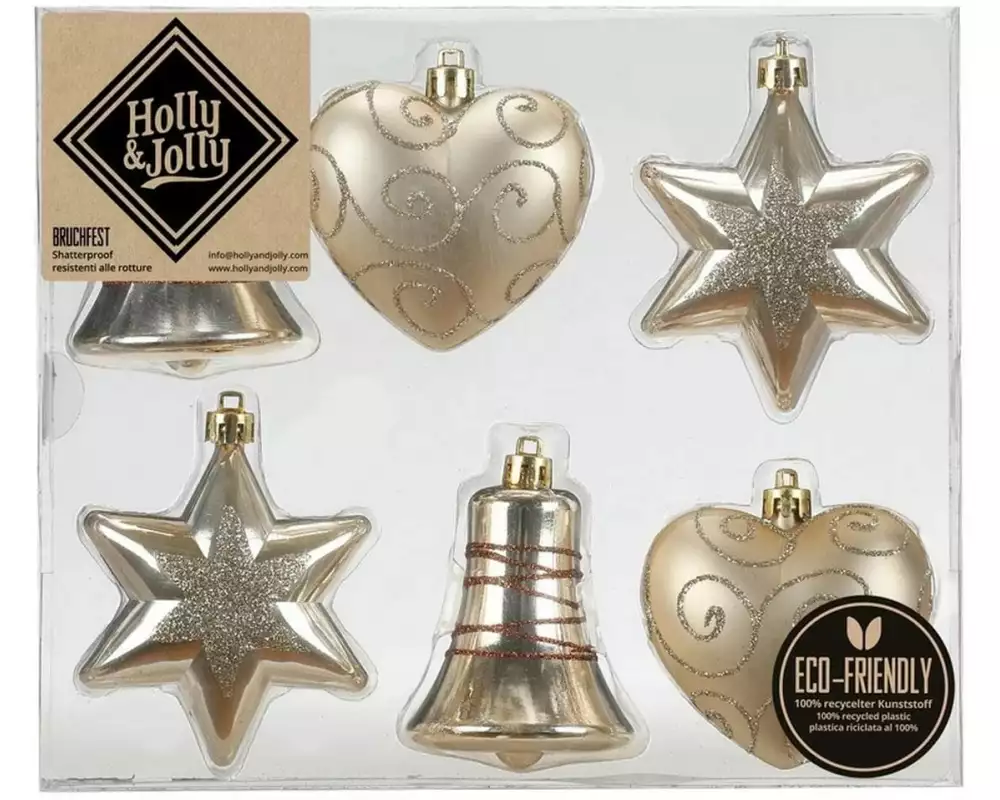 Holly & Jolly Weihnachtskugel Creamy Gold verschiedene Formen, 6 Stück