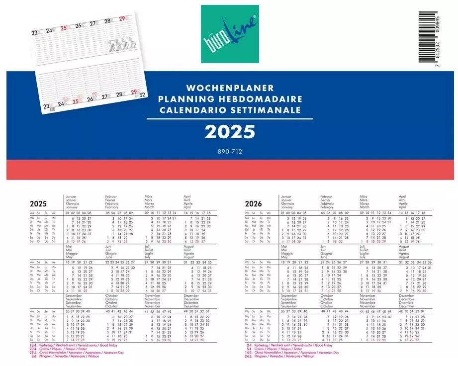 Büroline Wochenplaner 1W/2S ML 2025, Mehrfarbig