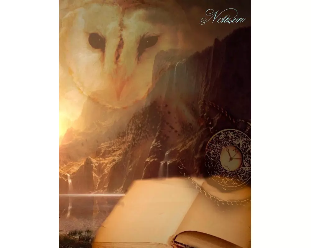 Fantasy Notizbuch: Eulenmagie - weiße Seiten mit Eckmotiv