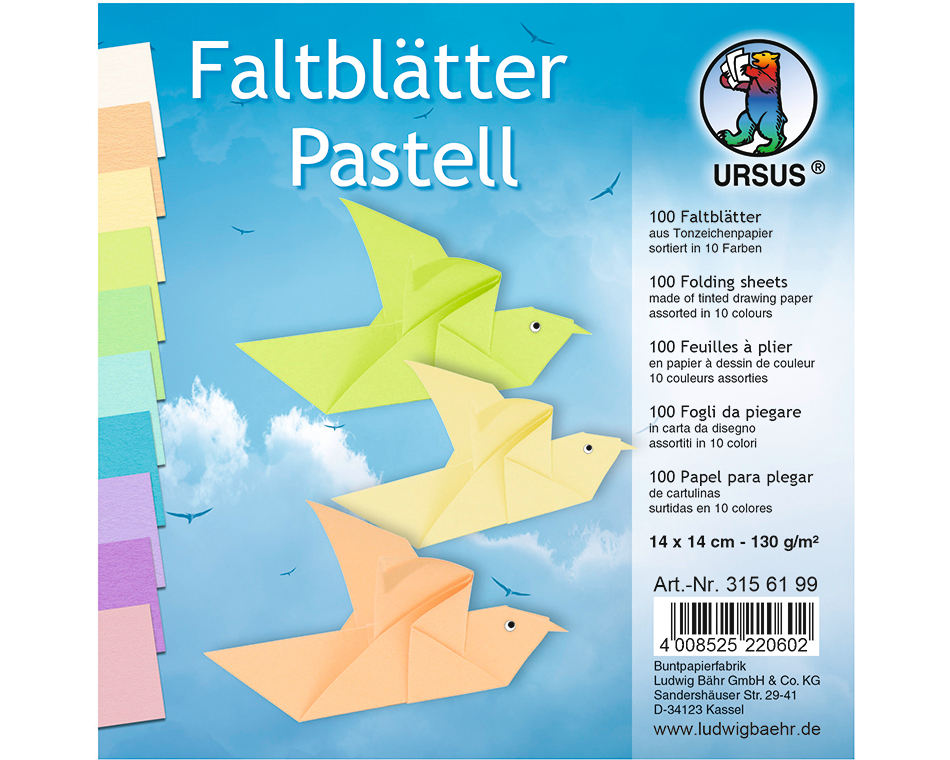 URSUS Faltblätter Origami 14×14cm 3156199 Pastell-Farben ass. 100 Blatt