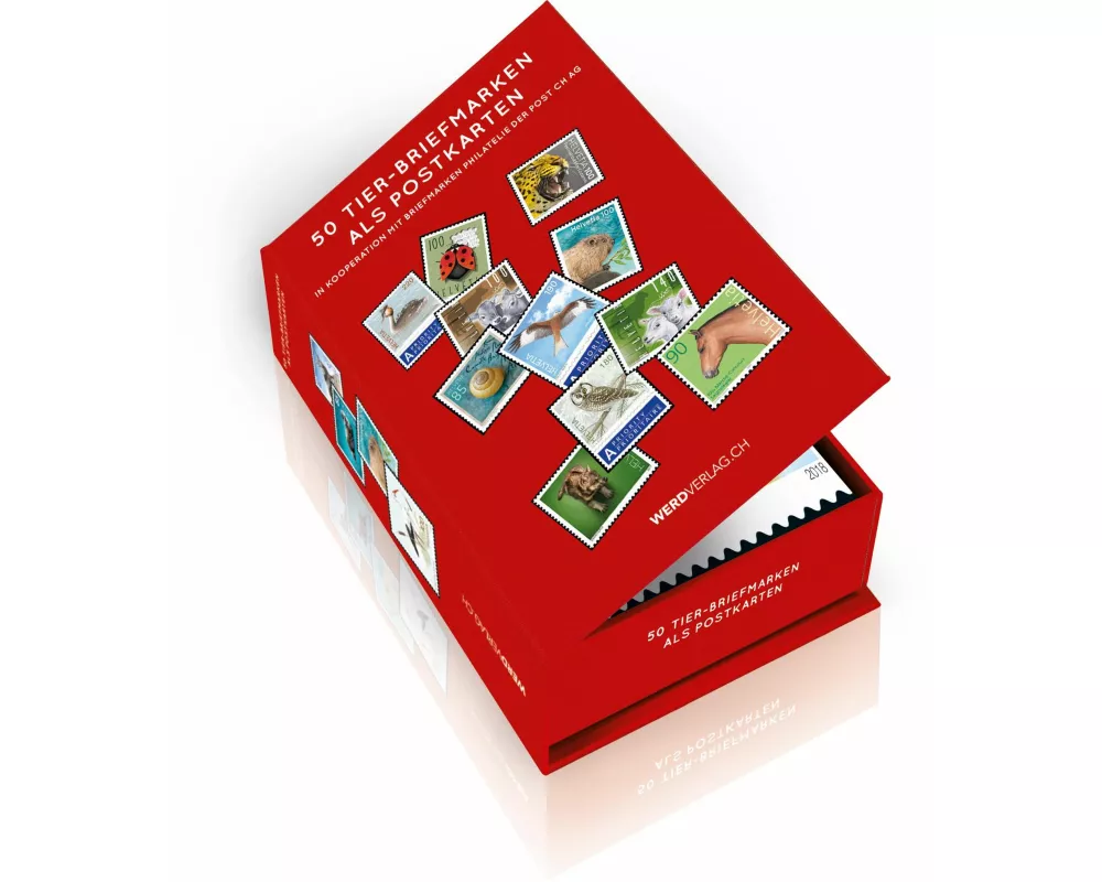 Postkartenbox 50 Tier-Briefmarken als Postkarten