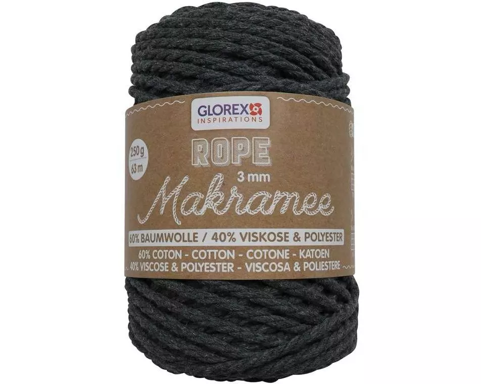 Glorex Wolle Makramee Rope gedreht 3 mm, 250 g, Anthrazit