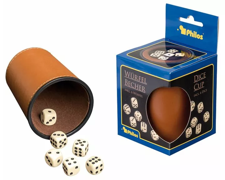 Würfelbecher inkl. 6 Würfel - Kunstleder - braun