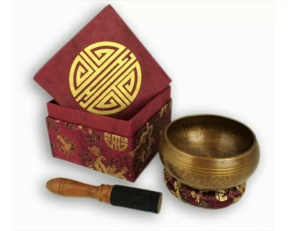 Klangschale in Antik-Optik mit dekorativer Brokat-Box mit Aufdruck