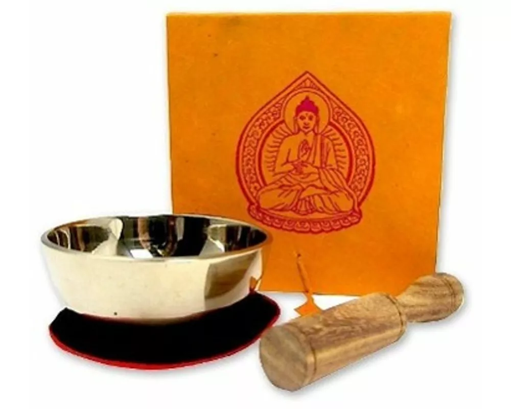 Kleine Klangschale mit hellem Klang in origineller Box mit Buddha-Aufdruck