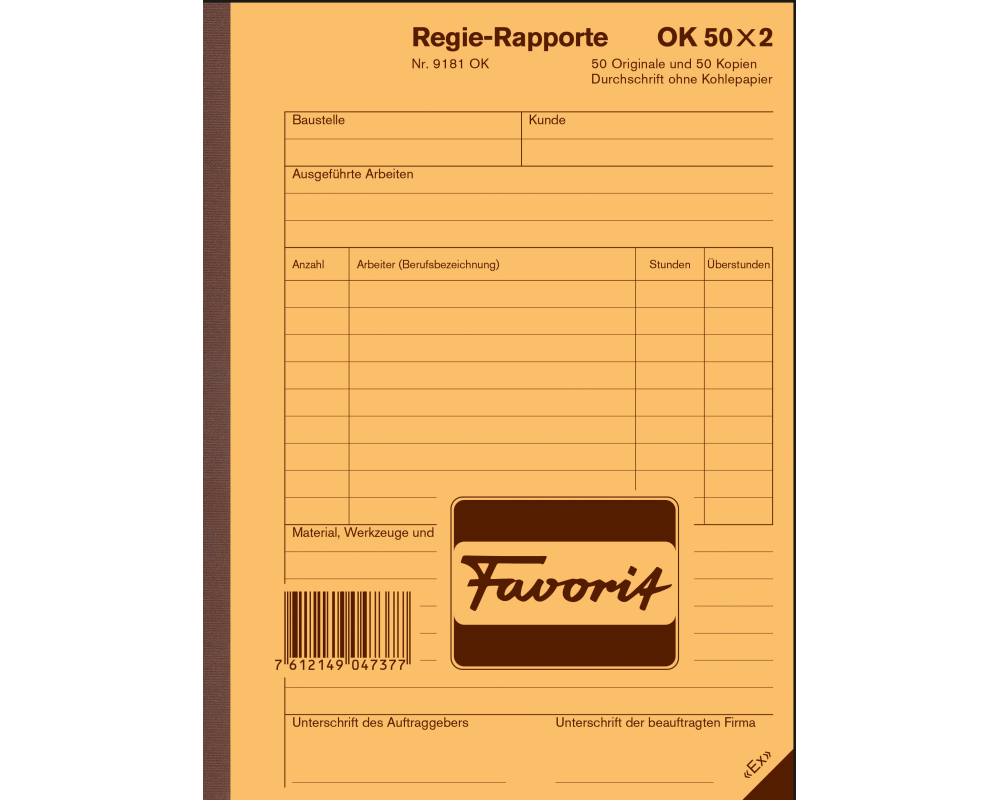 FAVORIT Regie-Rapporte Deutsch A5 9181 OK Durchschreibepapier 50x2 Blatt