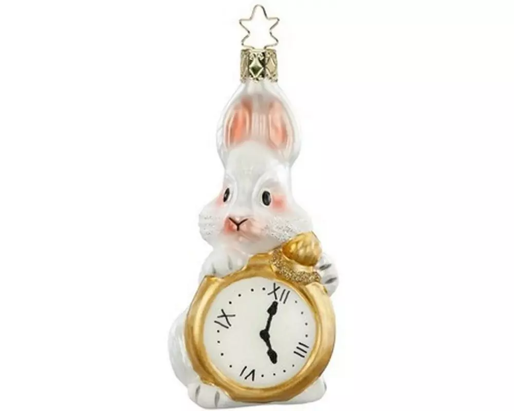 Inge Glas Manufaktur Weihnachtsschmuck Hase mit Uhr 11.5 cm, Weiss