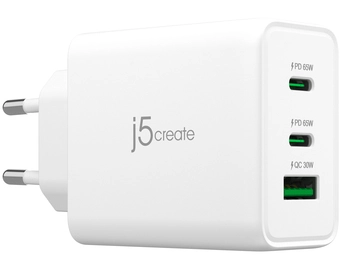 j5create JUP3365E-EN 65W GaN USB-C 3-Port Charger. Charger type: Indoor, Power source type: AC, Charger compatibility: Headset, Mobile computer, Mobile phone, Laptop, Portable gaming console, Smartwatch, Tablet, USB Type-C ports quantity: 2, Fast charging. Product colour: White