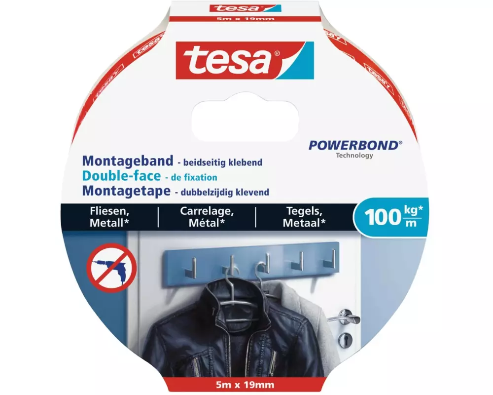 tesa Montageband XS 5 m x 19 mm für Fliesen + Metall