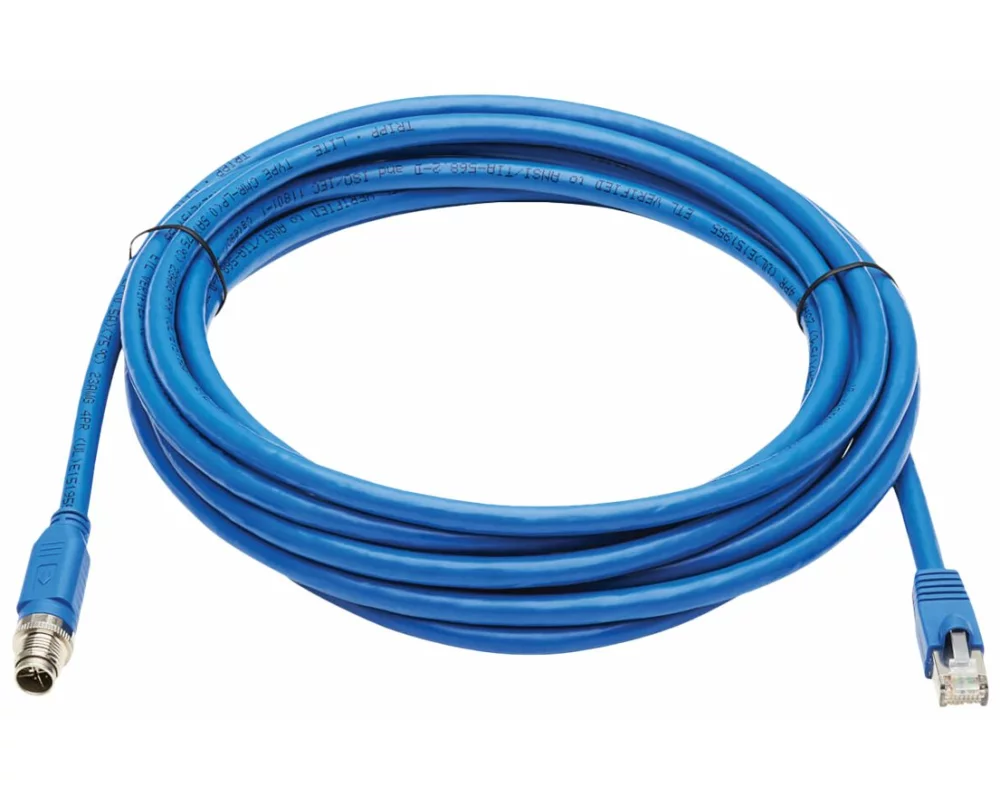 EATON TRIPPLITE M12, X-Code, Cat6a, 10G, F/UTP, CMR-LP, Shielded Ethernet Cable, M12m/RJ45m, IP68, PoE, Blue, 5m 16.4 ft.