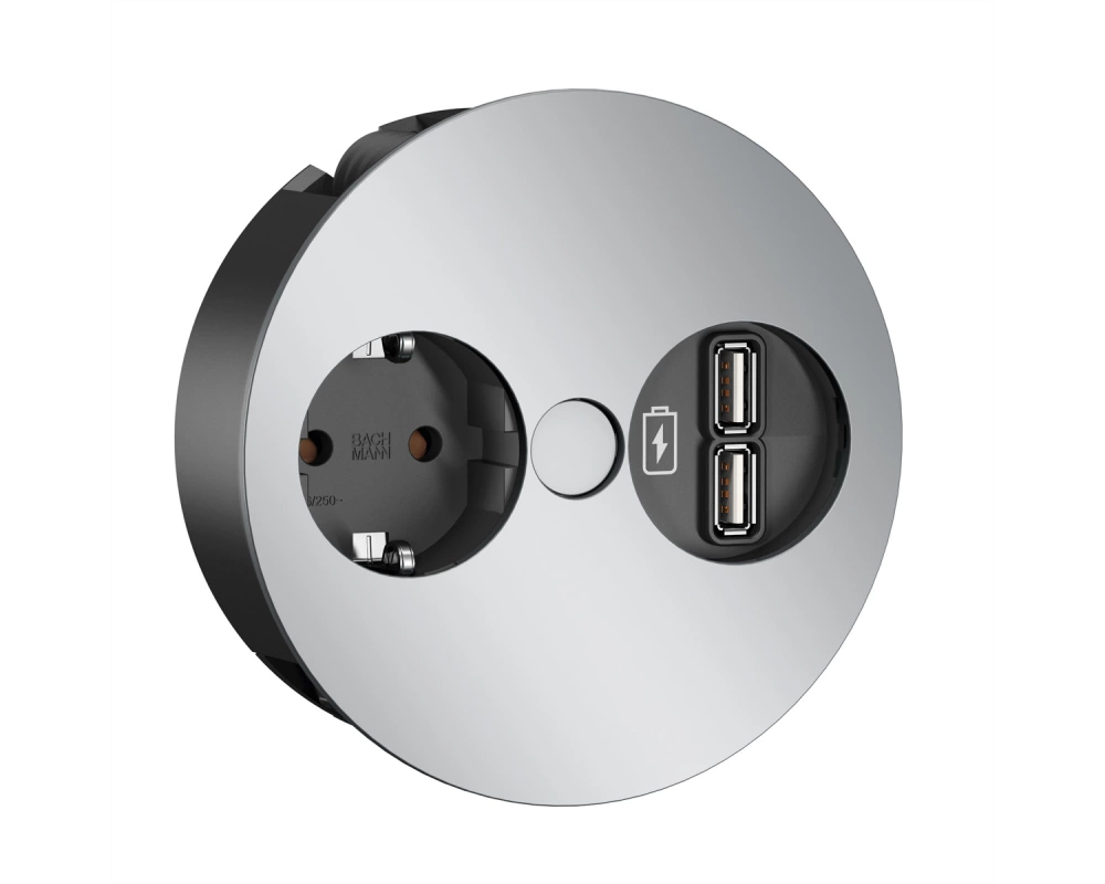 BACHMANN TWIST 1x Schutzkontakt, USB-Charger, GST18-Stecker, chrom, 0,2 m
