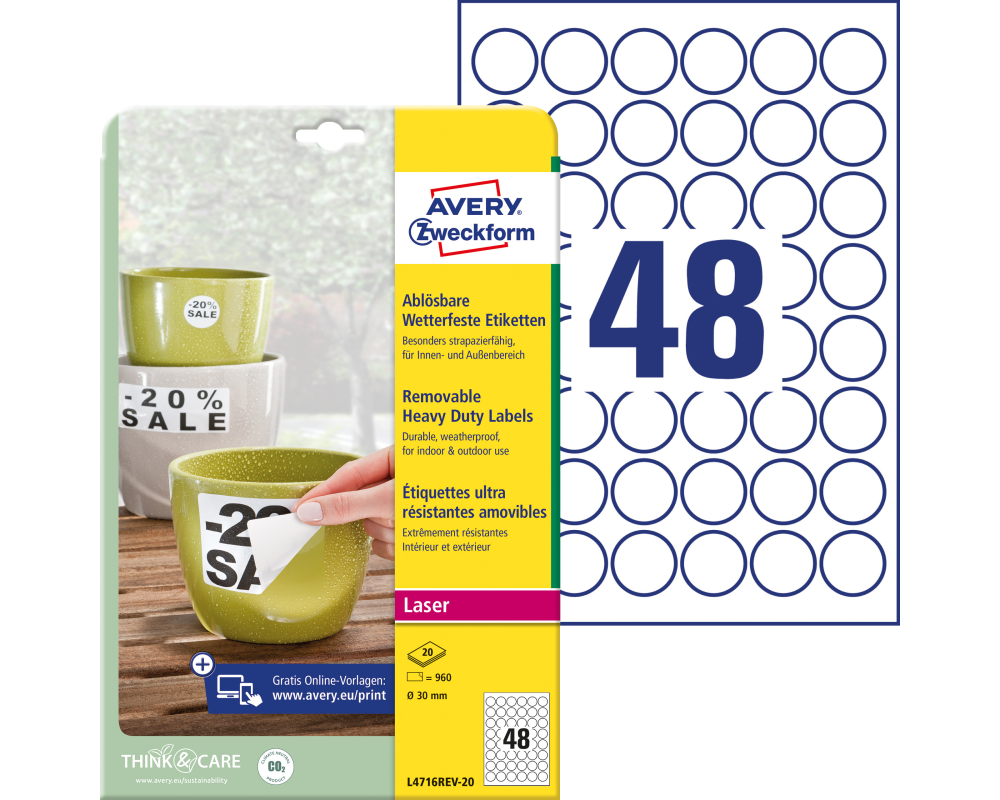 AVERY ZWECKFORM Etiketten Laser 30mm L4716REV2 weiss, non-perm. 20 Blatt