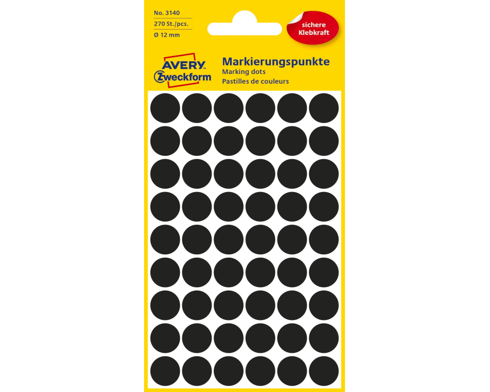 AVERY ZWECKFORM Markierungspunkte 12mm 3140 schwarz 270 Stück