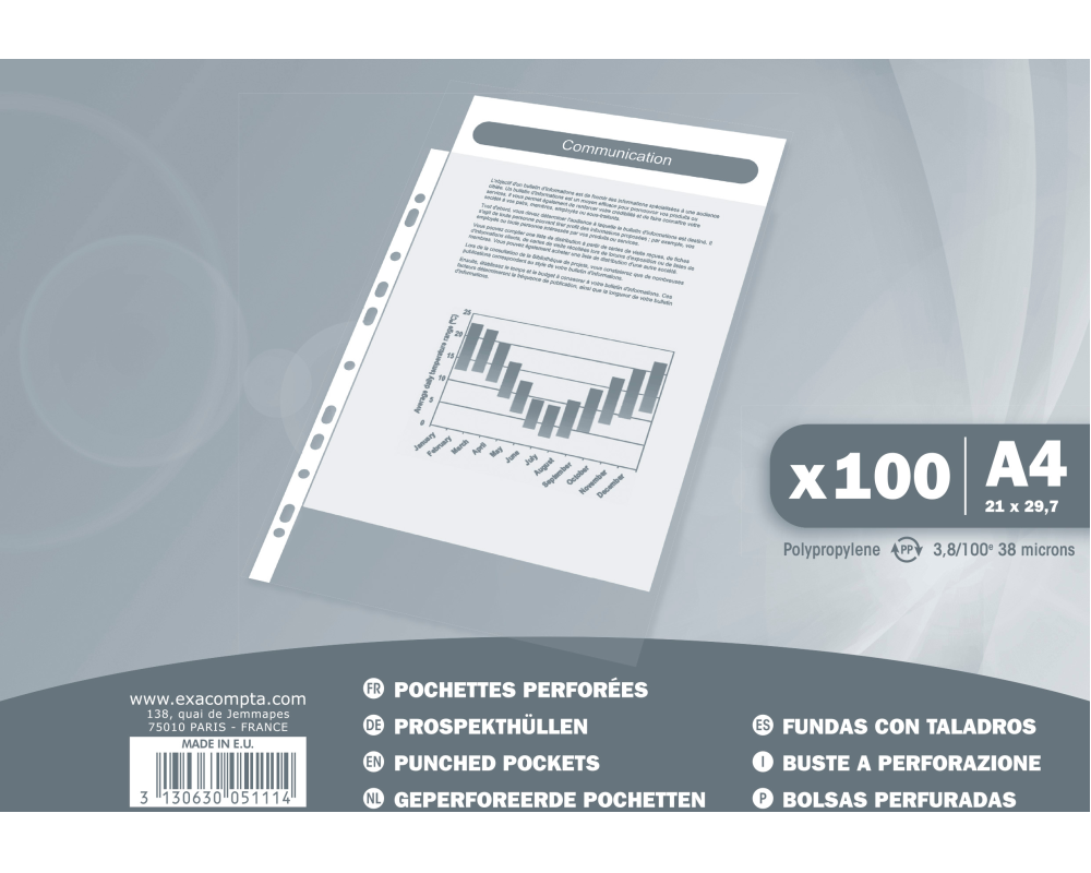 EXACOMPTA Zeigetaschen PP 40my A4 5111E transparent genarbt 100 Stück