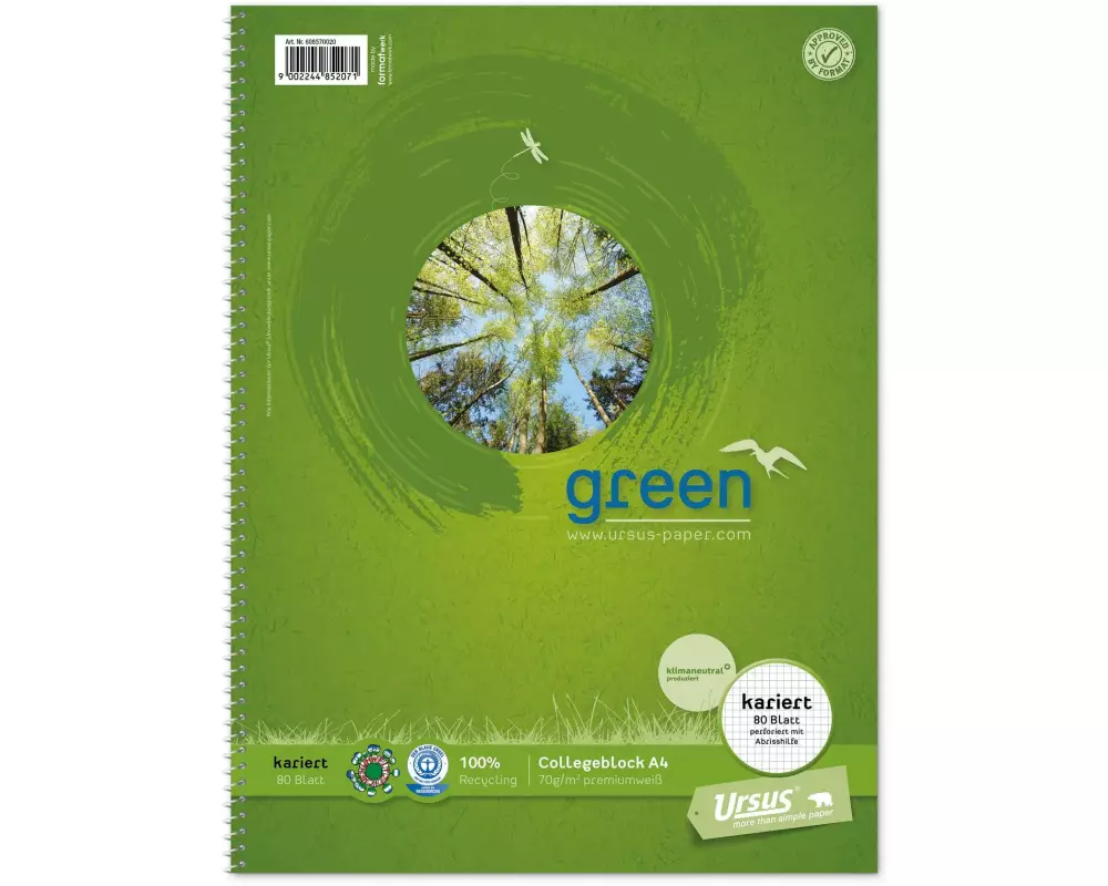 Ursusgreen Notizheft Green Collegeblock A4, Kariert, 80 Blatt