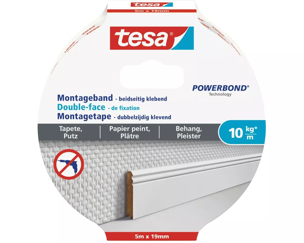 tesa Montageband 5 m x 19 mm für Tapeten + Putz