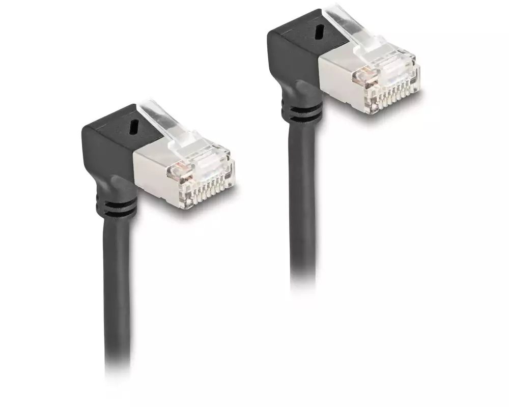 Delock Patchkabel 90° gewinkelt Cat 6A, S/FTP, 0.25 m, Schwarz