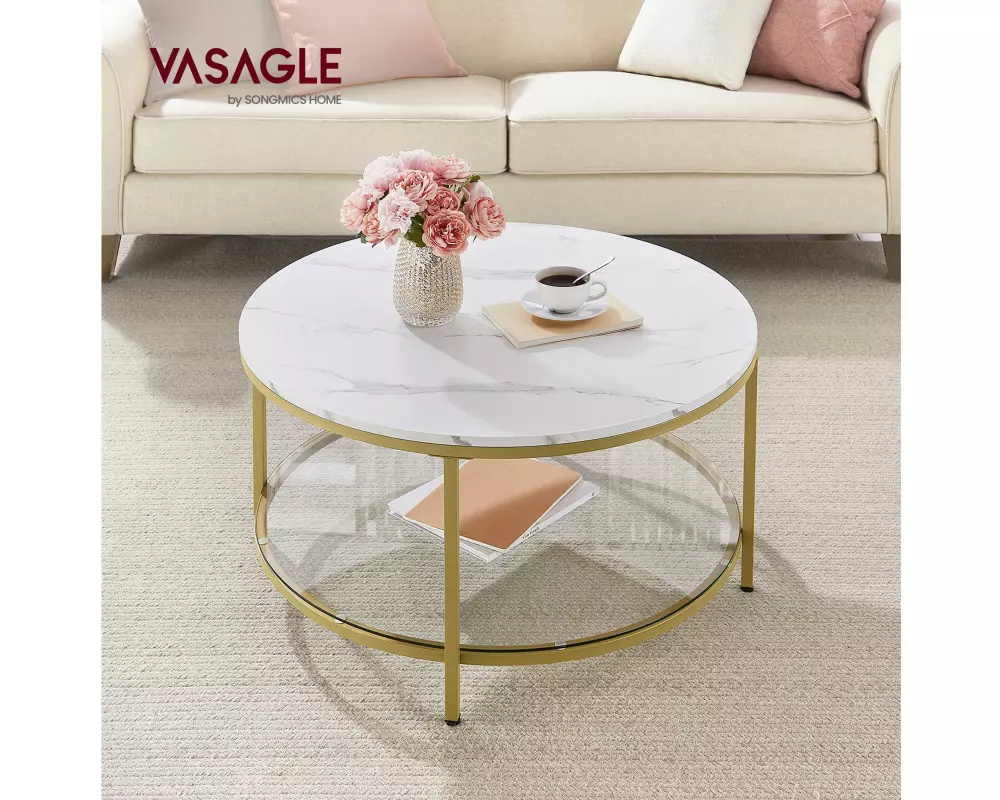 VASAGLE Beistelltisch mit Glas 80 x 46 cm, Weiss/Gold