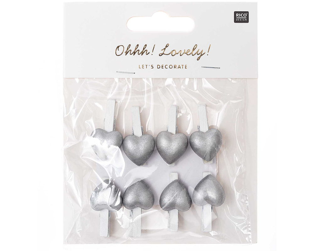 RICO DESIGN Dekoklammern Herz 7040.26.18 weiss-silber, 8 Stück, 3cm