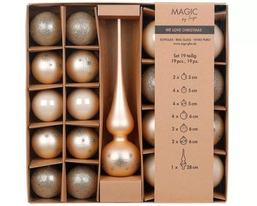 INGES CHRISTMAS DECOR Weihnachtskugel mit Spitze 19 Stück, Champagner