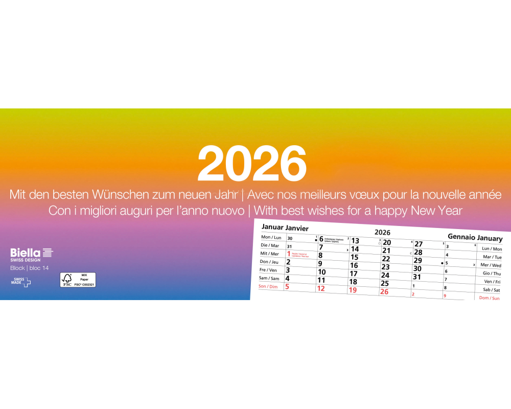 BIELLA Abreissblock Nr.14 2026 889014000026U 1M/1S mehrfarbig ML 24x9cm