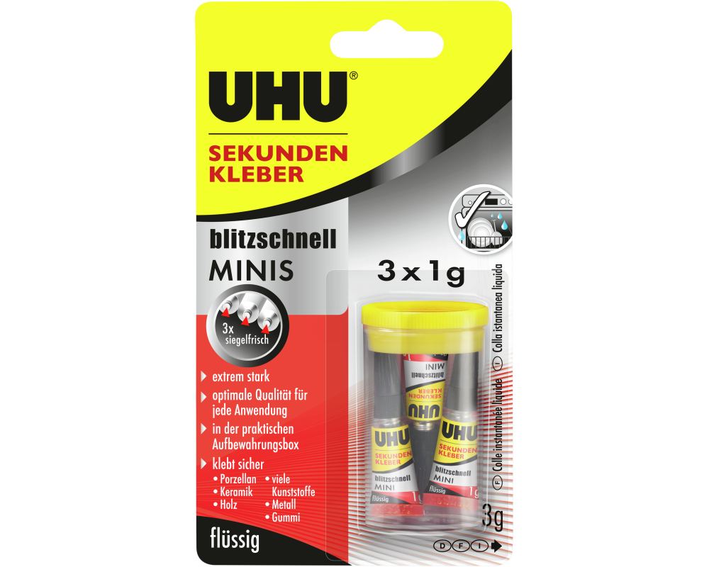 UHU Sekundenkleber 51635 flüssig, MINIS 3 x 1g