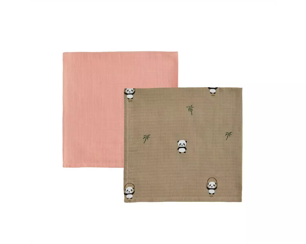 OYOY Mulltuch Panda 2 Stück, 70 x 70 cm, Khaki/Rosa