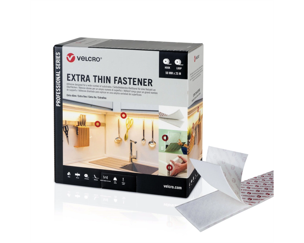 VELCRO Extra Thin Fastener 25m Hakenband 25m Flauschband, Haken & Flausch 20mm weiß