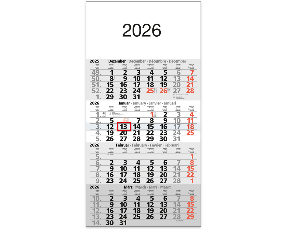 BÜHNER 4-Monatskalender 2026 M4MF-R-BLOCK ML 30x59cm
