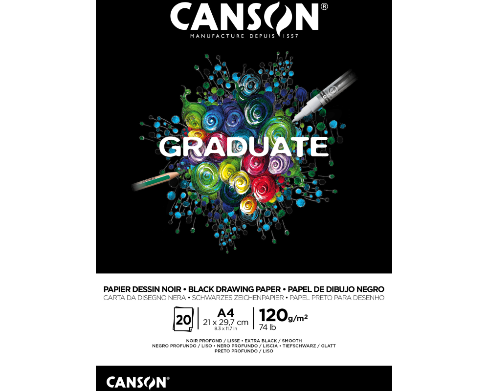CANSON Graduate Zeichenpapier A4 400110386 20 Blatt, schwarz, 120g