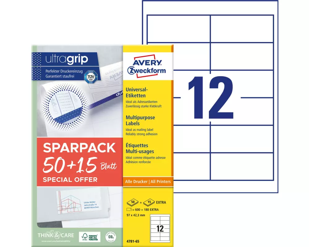 Avery Zweckform Universal-Etiketten 4781-65, 97 x 42.3 mm, 65 Blatt