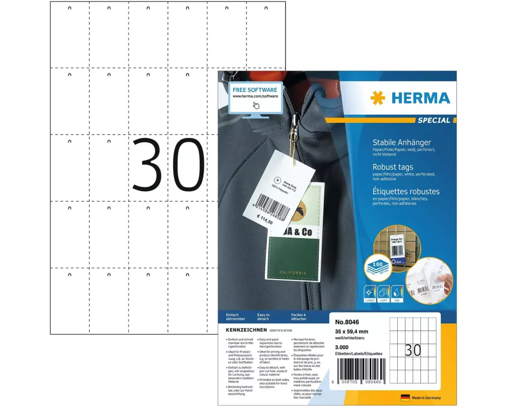 HERMA Textil-Etiketten 8046 35 x 59.4 mm, 3000 Anhänger