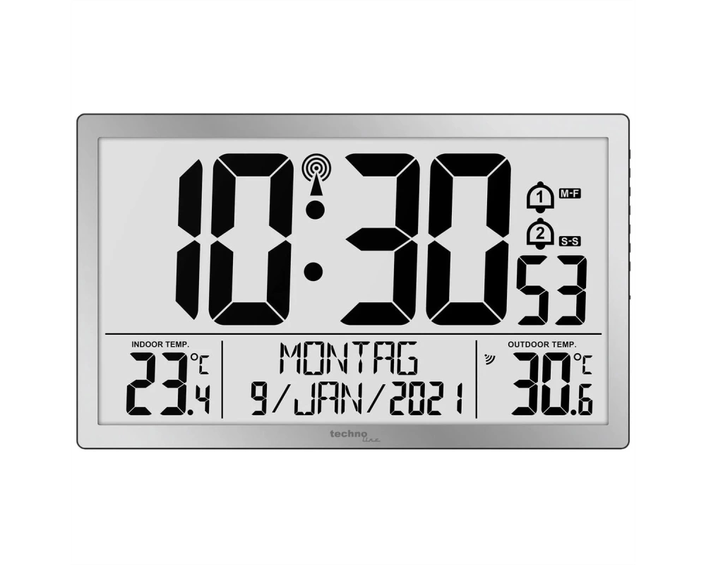 Technoline Digitale Wanduhr WS 8113, Funk, Innen-/Außentemperatur, schwarz, inkl. Außensensor, silber